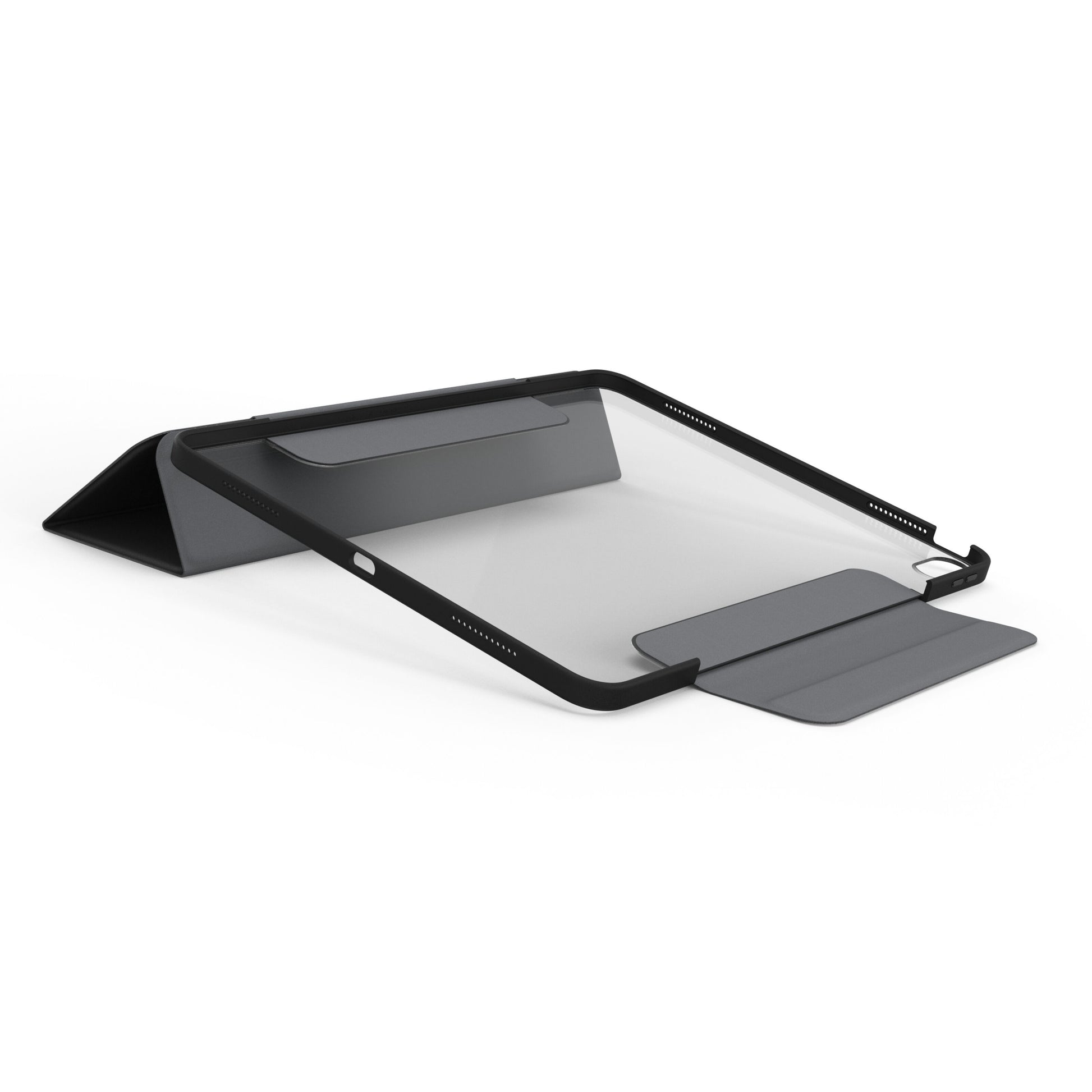 Laptopstativ med sort stel og grå flader, vinkeljusterbar og foldbar, passer til Symmetry Folio til iPad Air 13" 2024.