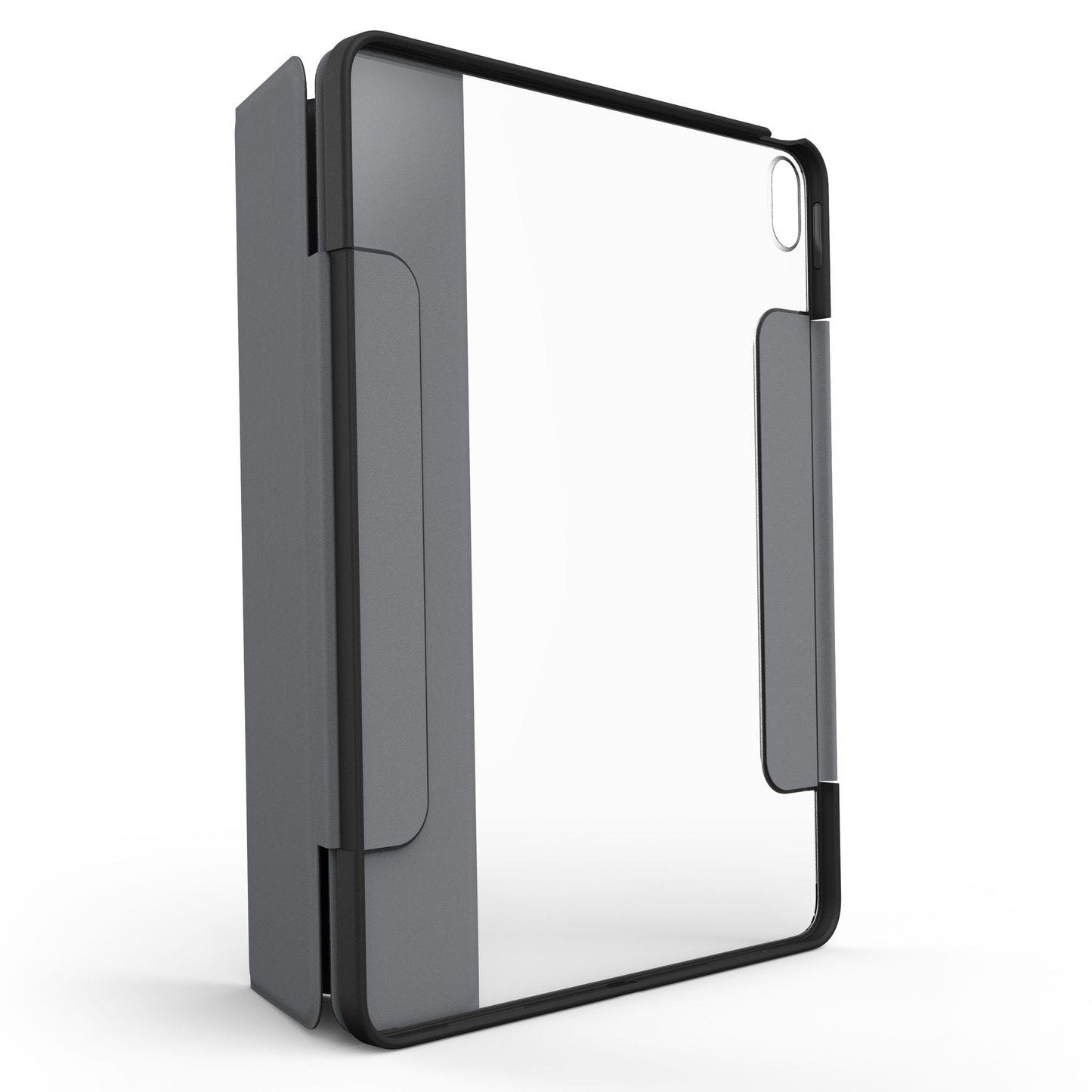 Otterbox Symmetry Folio iPad Air 13" (2024) gennemsigtigt cover, sort kant, grå foldbar front, stativfunktion.