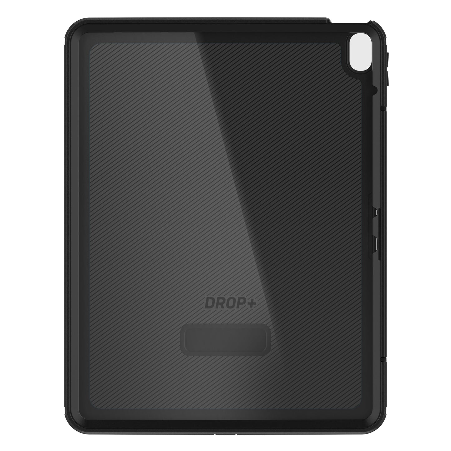 Otterbox Forsvarer etui til iPad Air 13" 2024, sort med diagonalt mønster, klar midte, kameraudskæring og DROP+ logo.