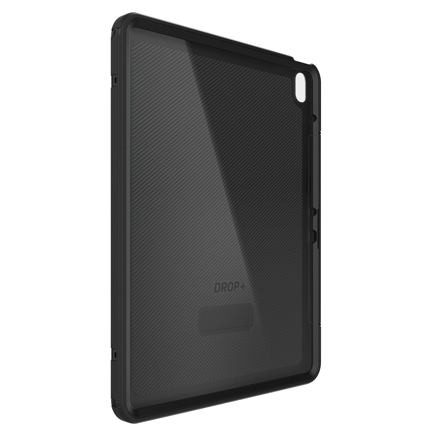 Otterbox Defender etui til iPad Air 13" 2024 sort med transparent bagside, teksturerede linjer, forstærkede hjørner, kamerahul.