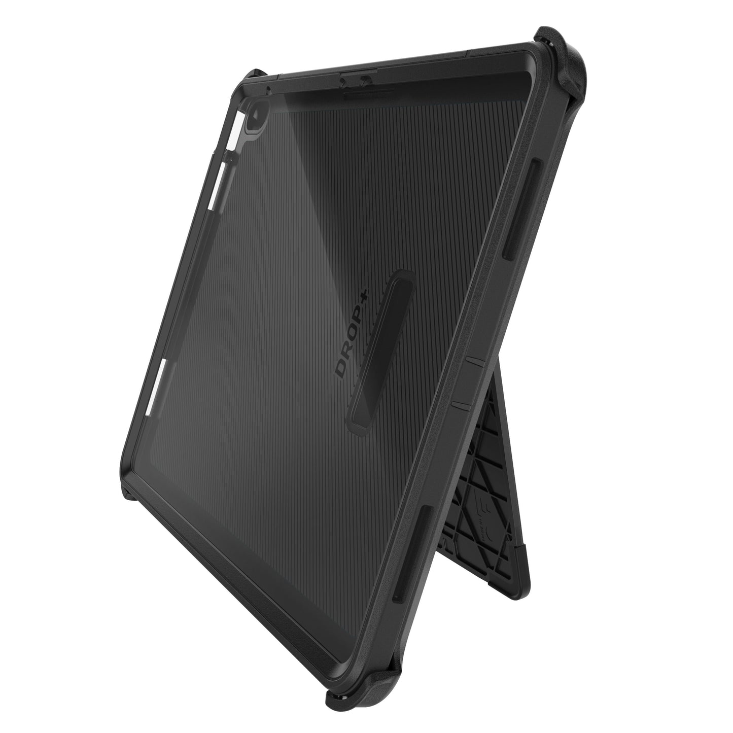 Otterbox Forsvarer etui til iPad Air 13" 2024 sort med forstærkede hjørner, kickstand, tekstur og "DROP" synligt.