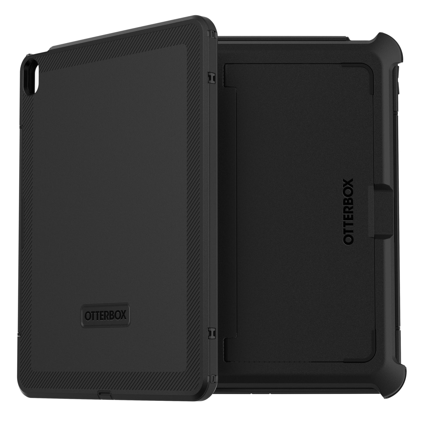 Sort Otterbox Defender etui til iPad Air 13" 2024, bagside og inderside synlige med tekstureret kant og Otterbox-logo.