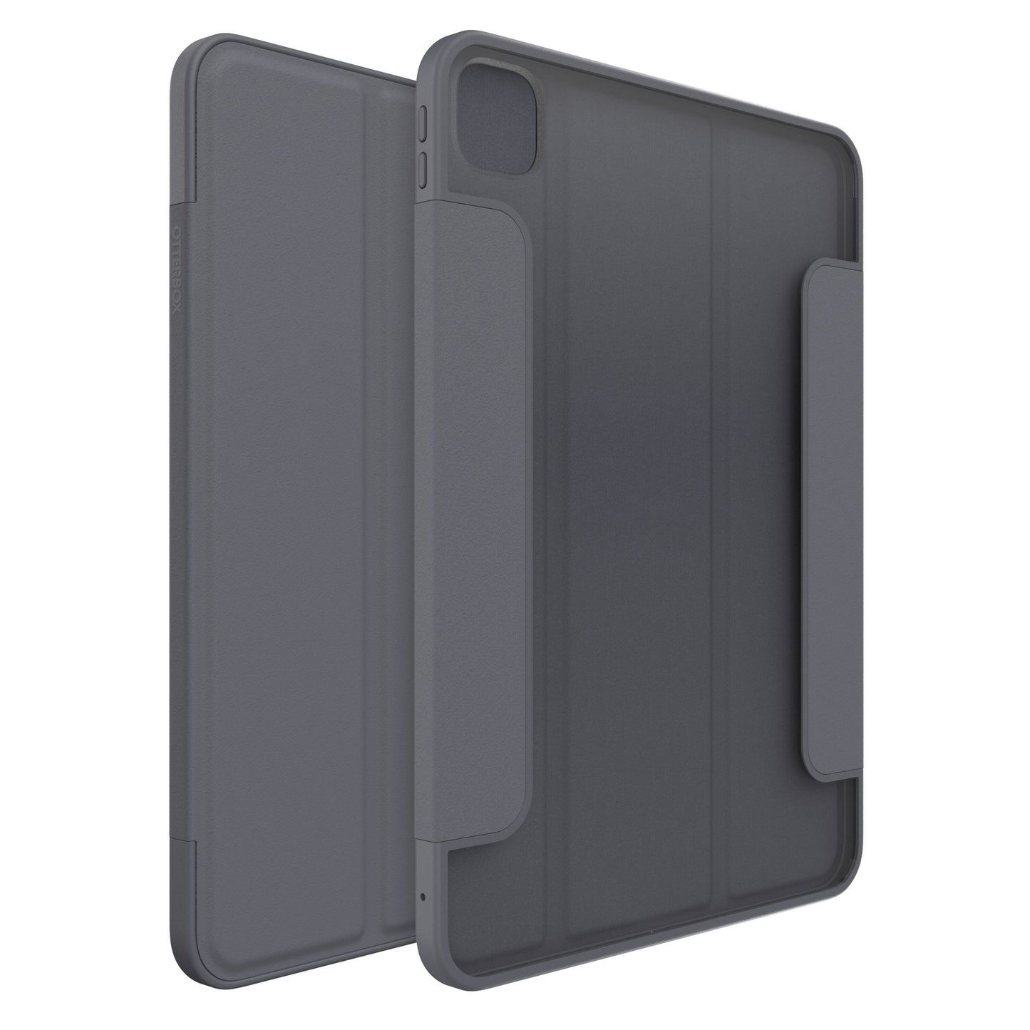 Otterbox Symmetry Folio til iPad Pro 11" vist forfra og bagfra med mørkegråt foldbart cover og kamerahul øverst til venstre.