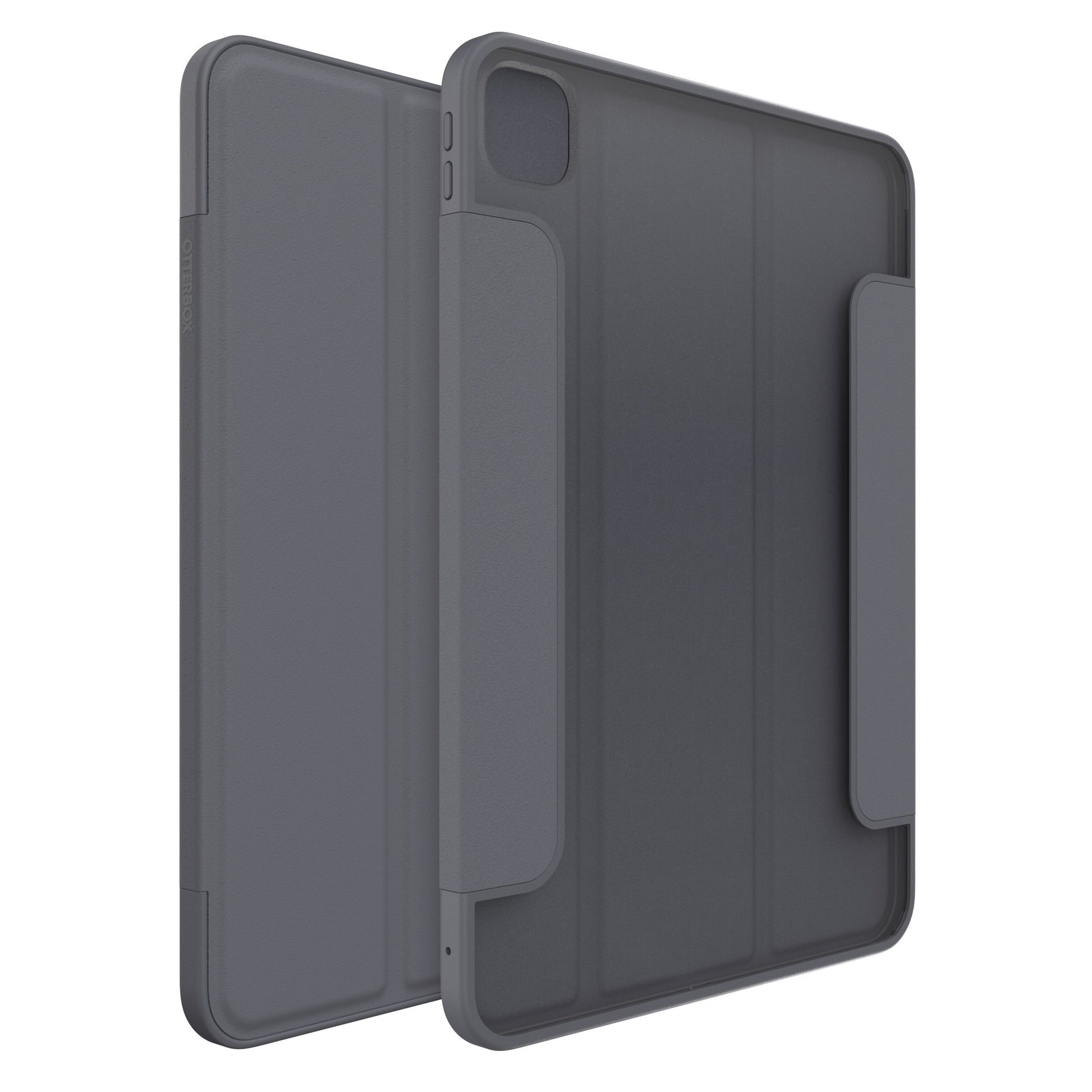 Otterbox Symmetry Folio til iPad Pro 11" vist forfra og bagfra med mørkegråt foldbart cover og kamerahul øverst til venstre.