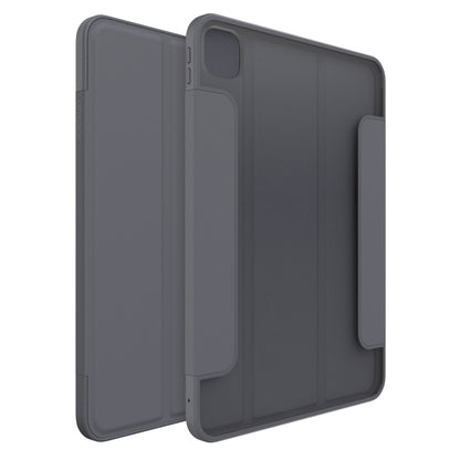 Otterbox Symmetry Folio til iPad Pro 11" vist forfra og bagfra med mørkegråt foldbart cover og kamerahul øverst til venstre.