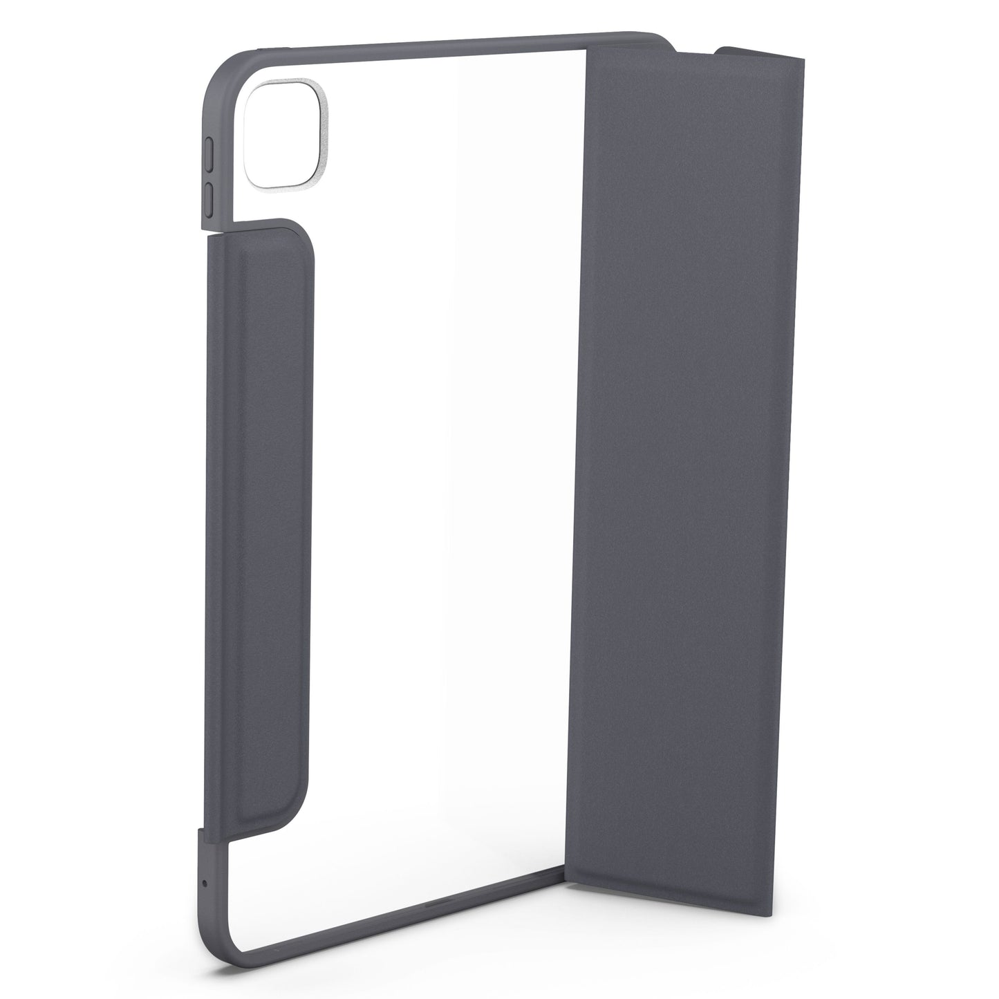 Otterbox Symmetry Folio til iPad Pro 11 transparent etui med mørkegrå kanter, højre-hængslet cover, kamerahul og knapadgang.