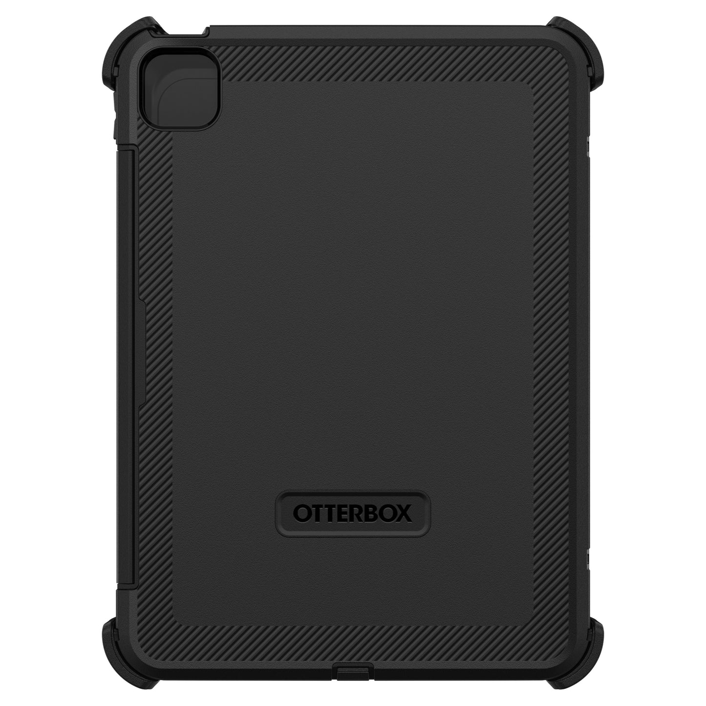Otterbox sort beskyttelsesetui til iPad Pro 11, 3-lags, forstærkede hjørner, teksturerede sider, logo og kameratudskæring.