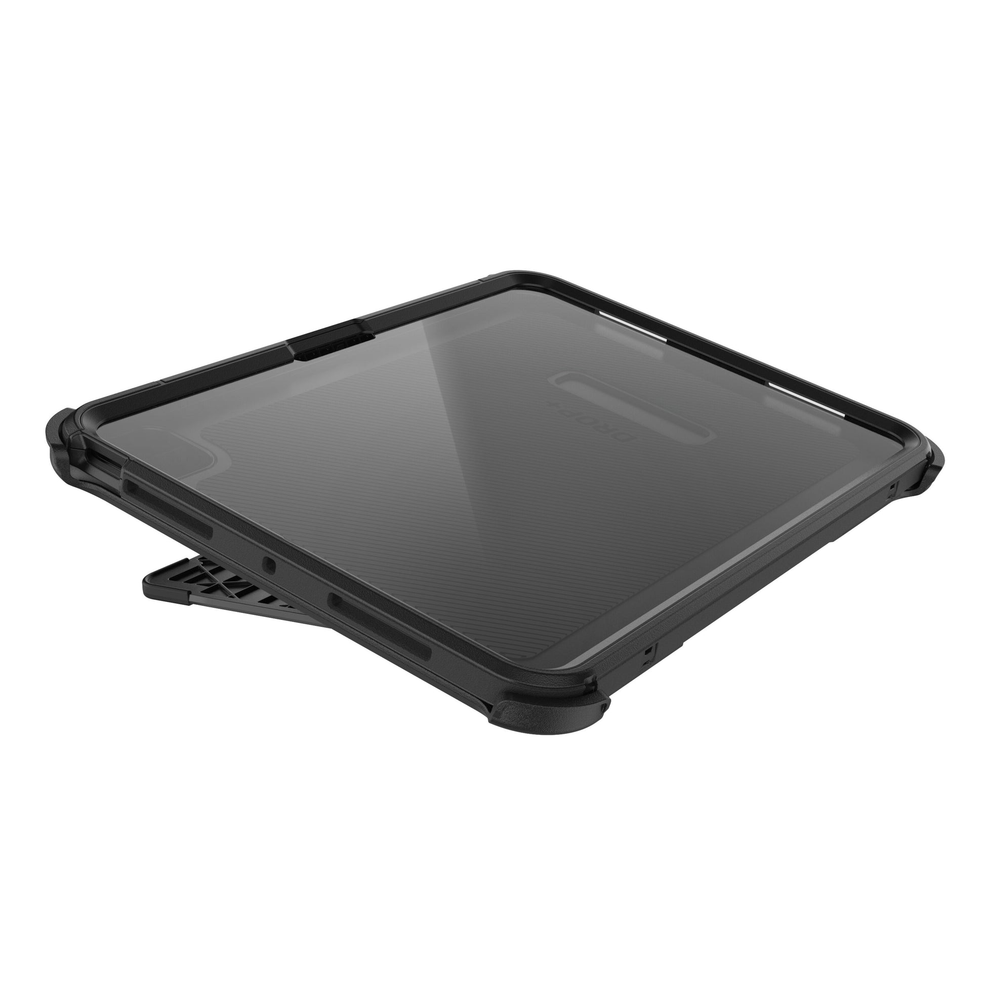 Otterbox cover til iPad Pro 11, 3-lags beskyttelse, forstærkede hjørner, justerbart stativ, halvgennemsigtig bagside.