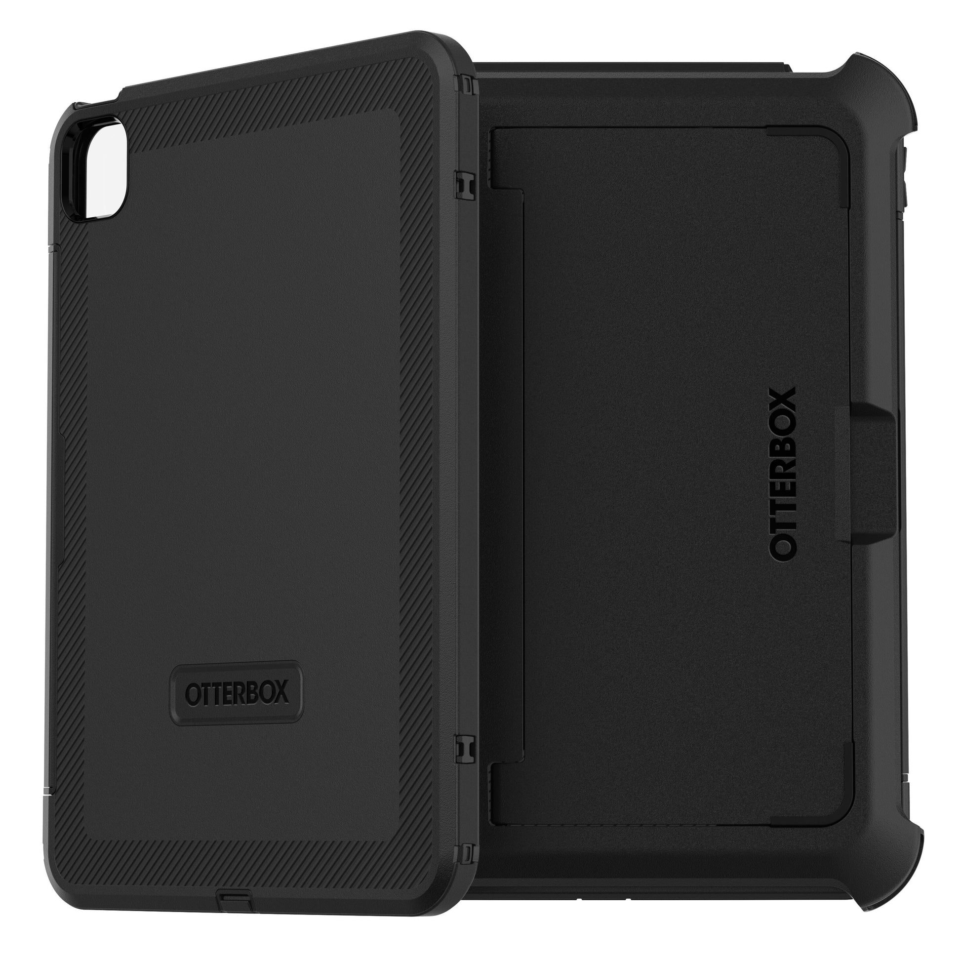 Otterbox etui til iPad Pro 11, sort, vises forfra og bagfra med 3-lags beskyttelse, forstærkede hjørner, Otterbox-logo.