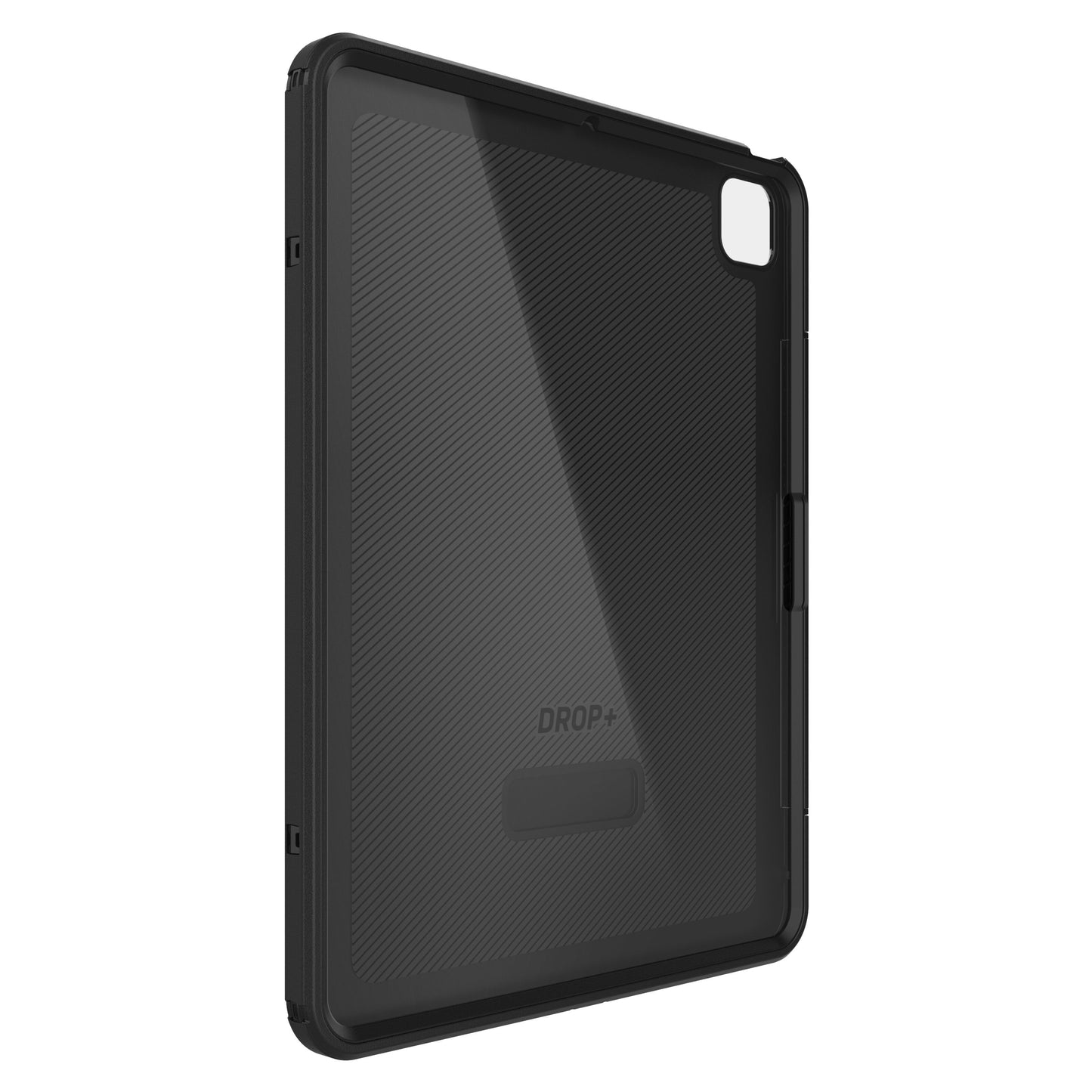 Sort Otterbox Defender cover til iPad Pro 13" diagonal tekstur, præcis kamerahul øverst højre, DROP+ logo, forstærkede kanter.