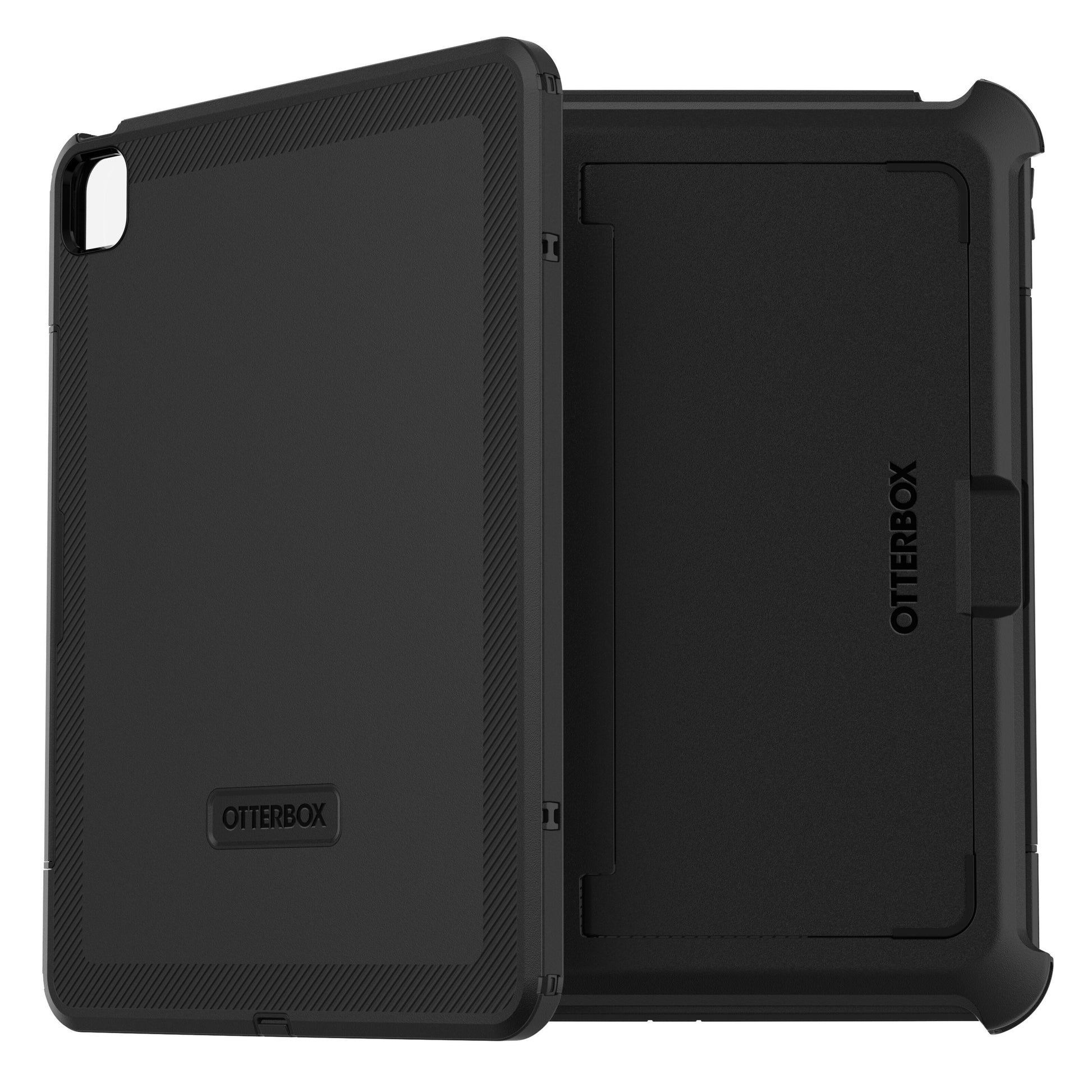 Otterbox Defender Etui til iPad Pro 13", vises fra bagsiden med logo samt inderside med indbygget stander og branding.