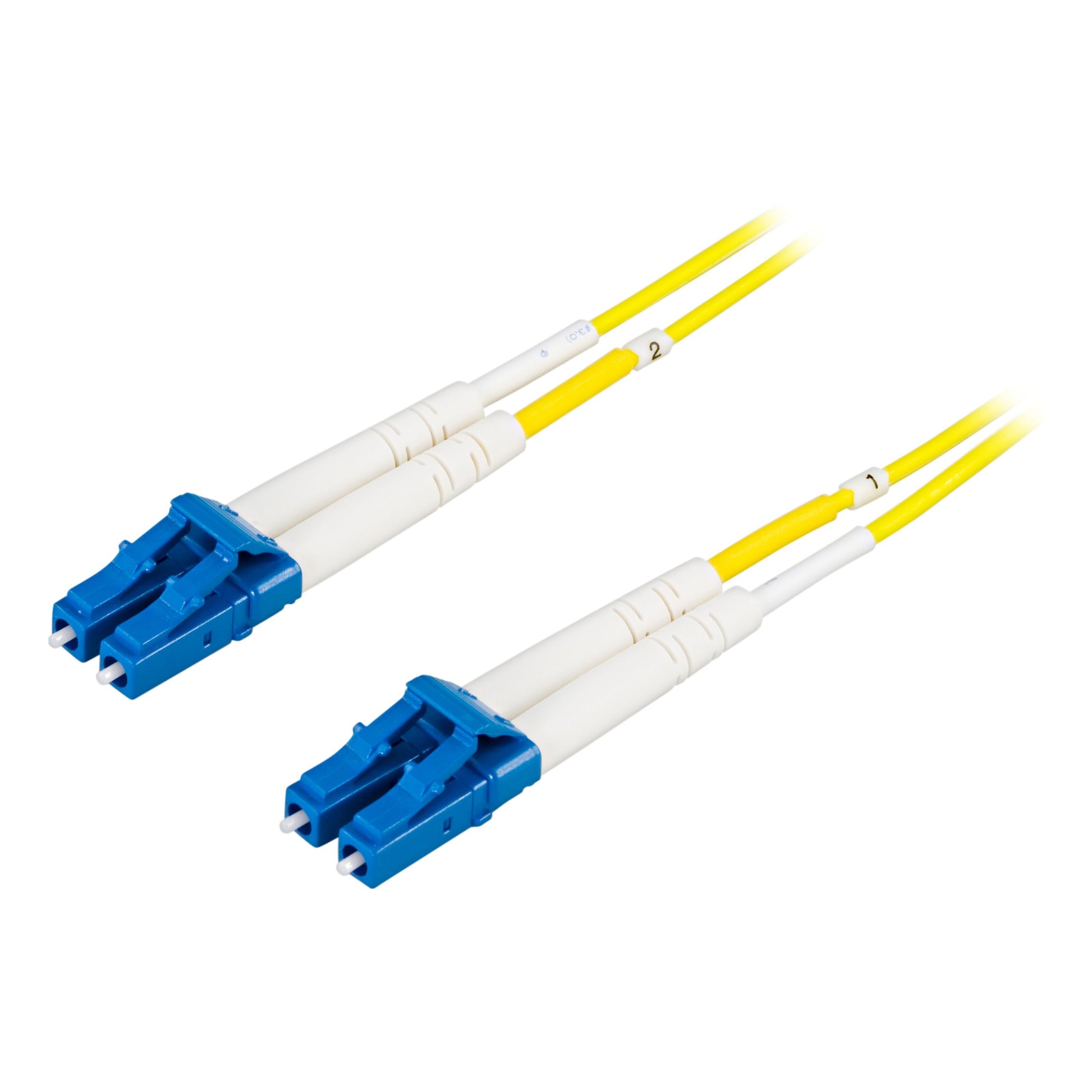 Fiberoptisk kabel Duplex Singlemode LC-LC 5m med blå og hvide LC-stik i begge ender.