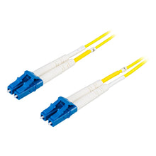 Fiberoptisk kabel Duplex Singlemode LC-LC 5m med blå og hvide LC-stik i begge ender.