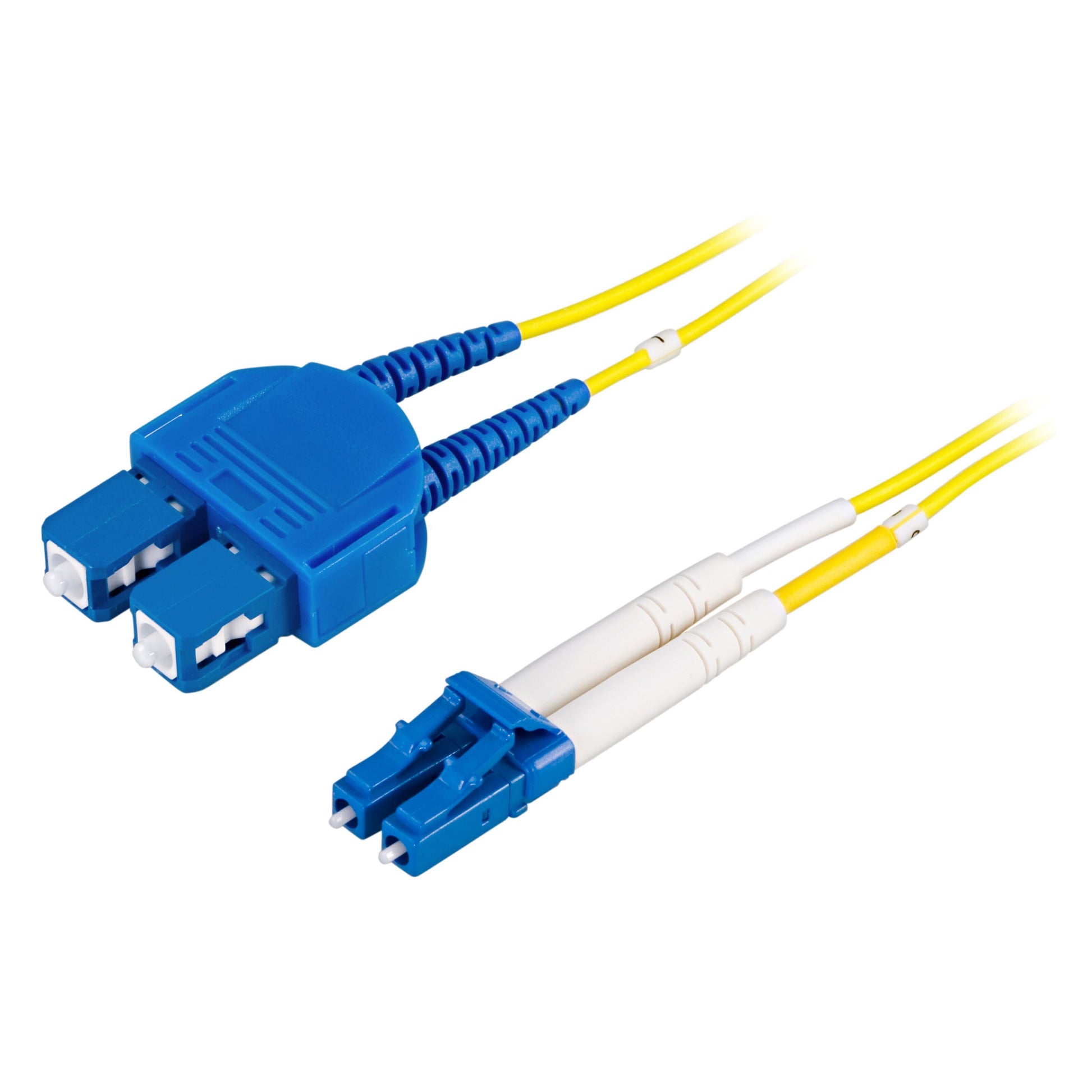 Fiberoptisk kabel Singlemode Duplex LC-SC 10 m gul med blå LC-SC stik.