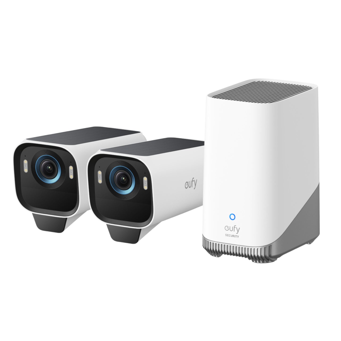 Eufy EufyCam S3 Pro kit med solpanel, 2 stk 4K-kameraer og hvid basestation til udendørs overvågning.