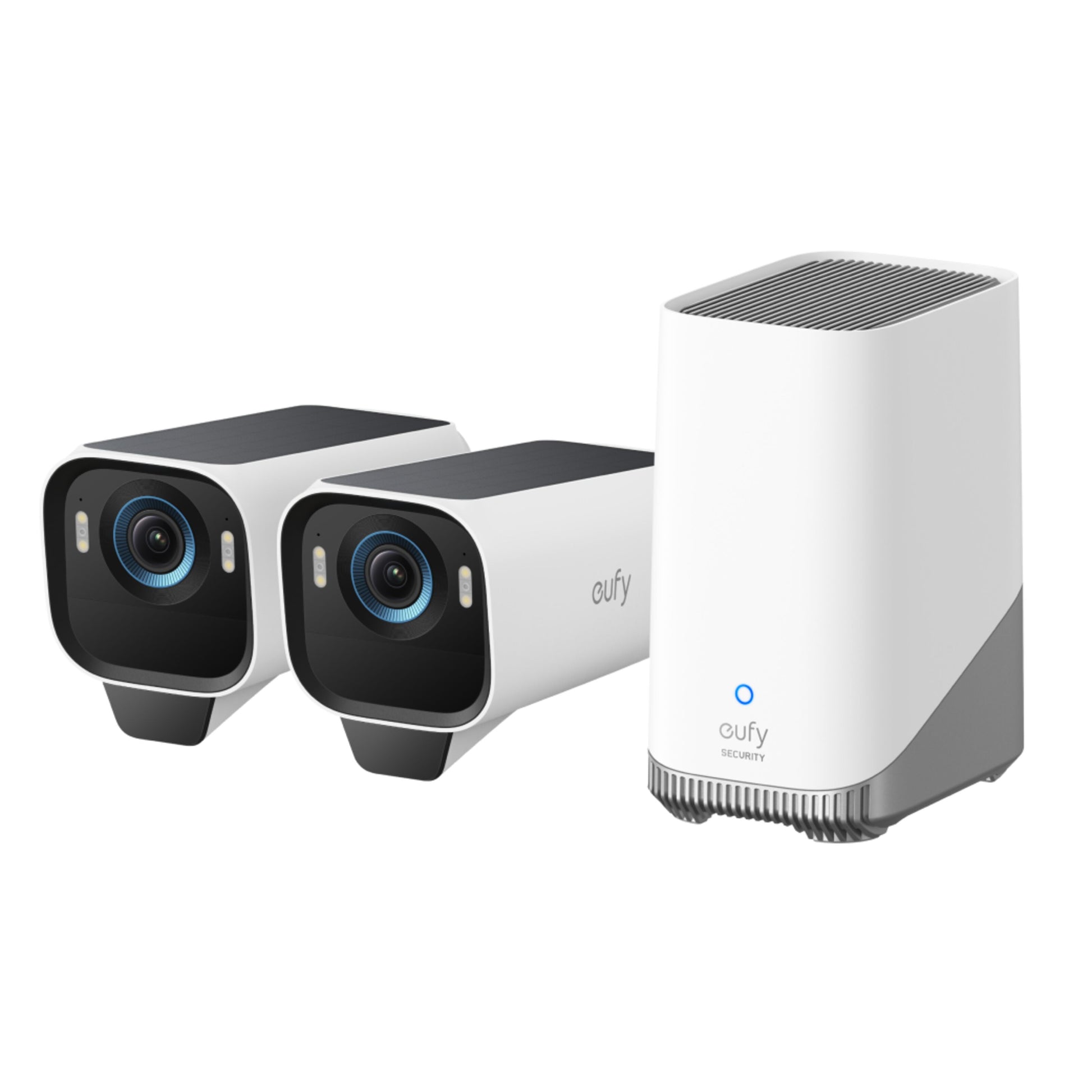 Eufy EufyCam S3 Pro kit med solpanel, 2 stk 4K-kameraer og hvid basestation til udendørs overvågning.