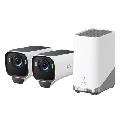 Eufy EufyCam S3 Pro kit med solpanel, 2 stk 4K-kameraer og hvid basestation til udendørs overvågning.