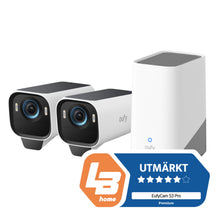 Eufy EufyCam S3 Pro kit hvid, solpanel, 2 kameraer, HomeBase 3, blå og orange badge med teksten "UTMARKT.