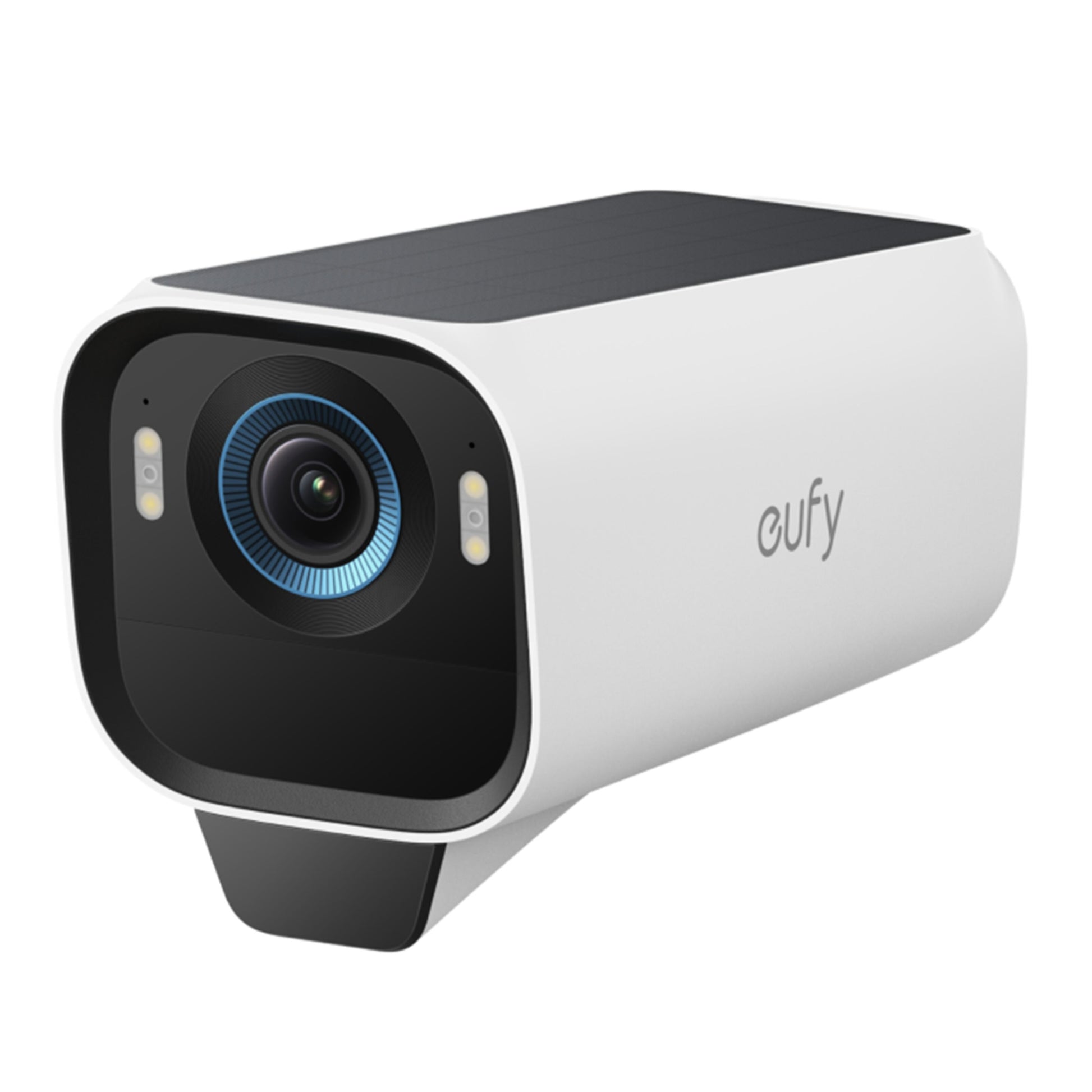 EufyCam S3 Pro kit med solcellepanel, 4 hvide kameraer med sortering foran, vidvinkel, LED-lys, Eufy-logo, 4K-opløsning.