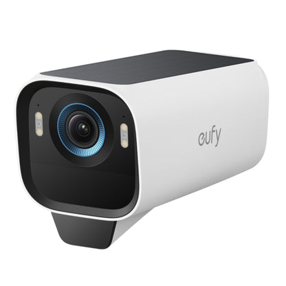 EufyCam S3 Pro kit med solcellepanel, 4 hvide kameraer med sortering foran, vidvinkel, LED-lys, Eufy-logo, 4K-opløsning.