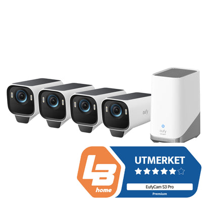 Eufy EufyCam S3 Pro kit med solcellepanel, 4 kameraer, hvid basestation, badge med "EufyCam S3 Pro Premium.