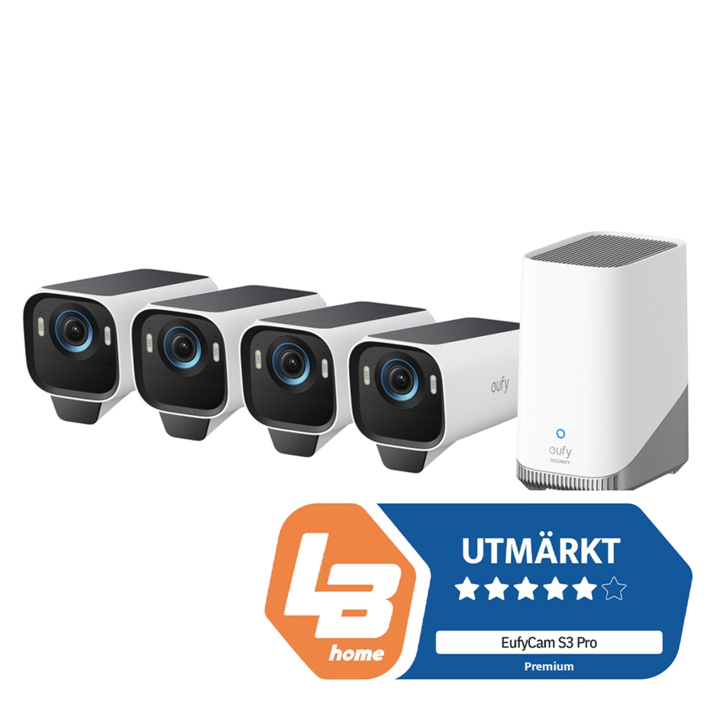 Eufy EufyCam S3 Pro kit med solcellepanel, 4 kameraer, basestation og badge med tekst EufyCam S3 Pro Premium.