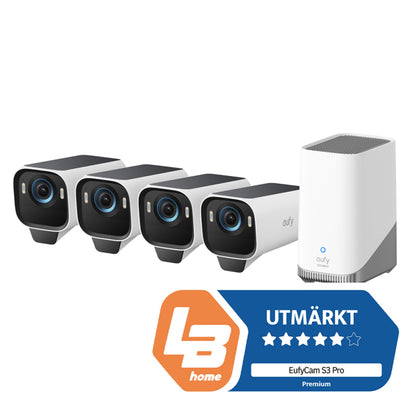 Eufy EufyCam S3 Pro kit med solcellepanel, 4 kameraer, basestation og badge med tekst EufyCam S3 Pro Premium.