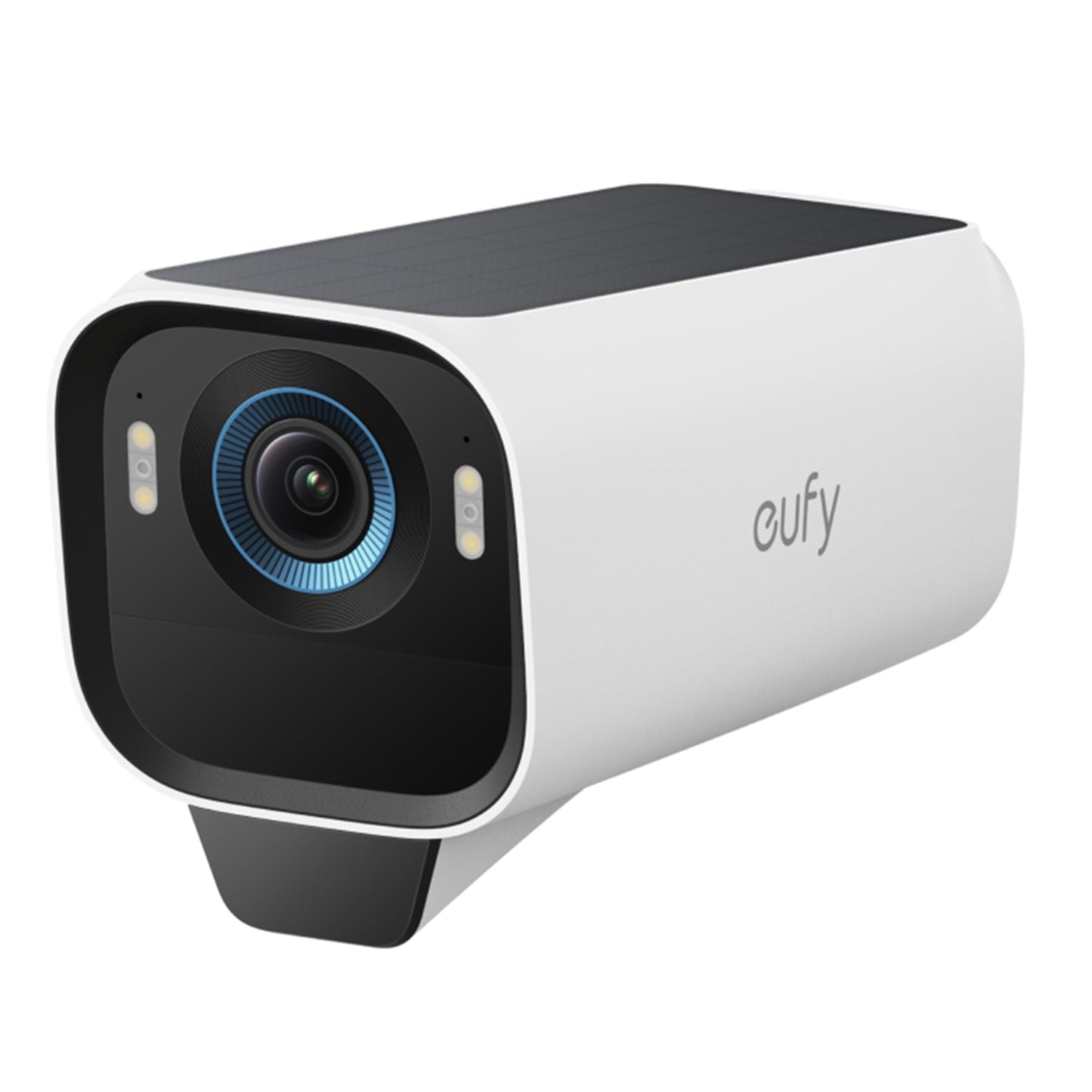 EufyCam S3 Pro trådløst 4K overvågningskamera med solpanel, bred linse og LED-lys, ekstra kamera i hvid og sort.