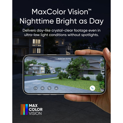 Eufy EufyCam S3 Pro med solpanel Ekstra kamera 4K-opløsning vises i app-nattescene, MaxColor Vision-logo nederst.