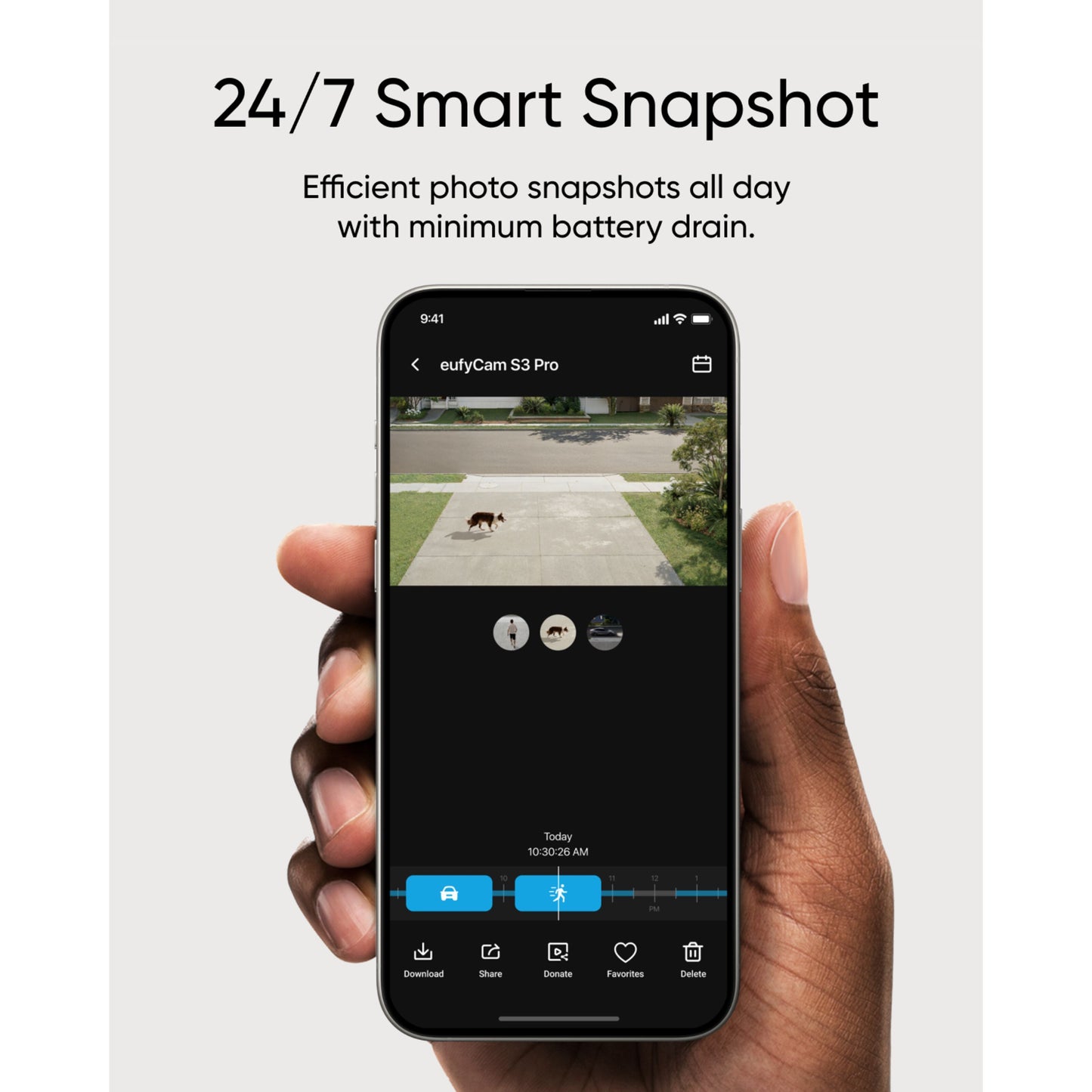 EufyCam S3 Pro med solpanel ekstra kamera 1-pakke appvisning, tekst: 24/7 Smart Snapshot, 4K snapshots, lavt batteriforbrug.