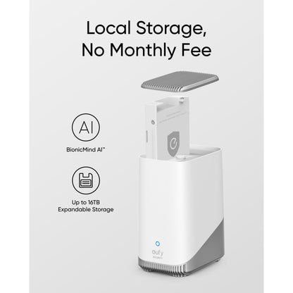 Eufy EufyCam S3 Pro ekstra kamera 1-pakke, hvid/grå, solpanel, åbnet med indre dele, tekst: Lokal opbevaring Intet månedligt gebyr 4K.