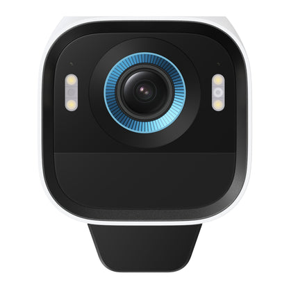 Eufy EufyCam S3 Pro med solpanel, ekstra kamera, sort/hvid, 4K, blå ringet linse, to lodrette LED-lys ved linsen.