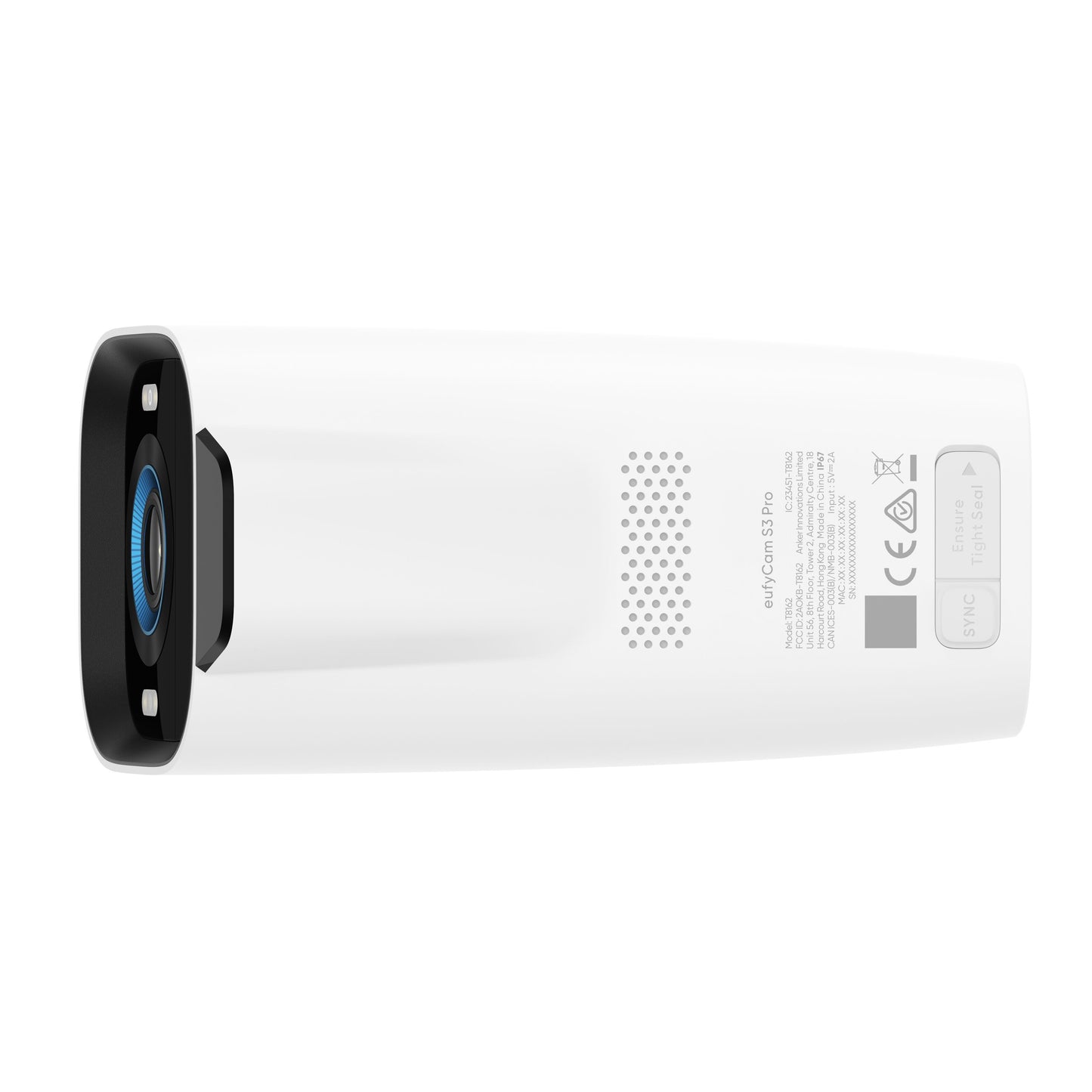 Eufy EufyCam S3 Pro ekstra kamera 1-pak, hvid med sort front, linse og blå ring, solpanel, synlig label og sync-knap bagpå.