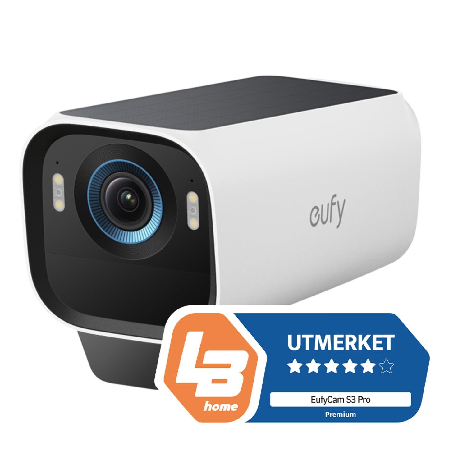 Eufy EufyCam S3 Pro hvid/sort med solpanel og to LED-lys, ekstra kamera 1-pak, label EufyCam S3 Pro Premium.
