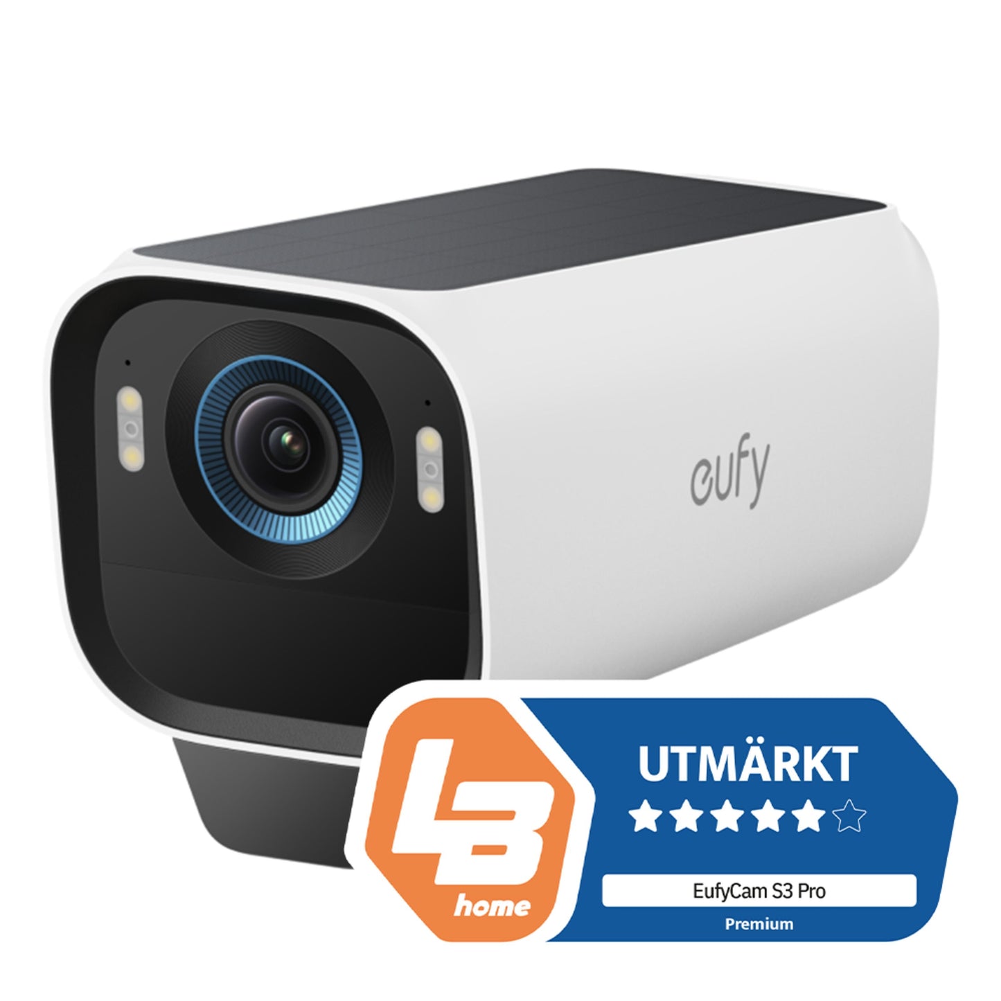 Eufy EufyCam S3 Pro ekstra kamerapakke, hvid/sort, solpanel, 4K-opløsning, to LED-lys ved linsen, "Premium"-badge.