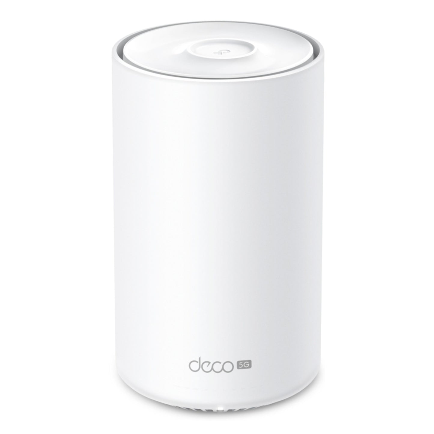Deco X10-5G AX1500 mesh-router, hvid cylinder med power-knap på toppen og "deco 5G"-logo ved basen.