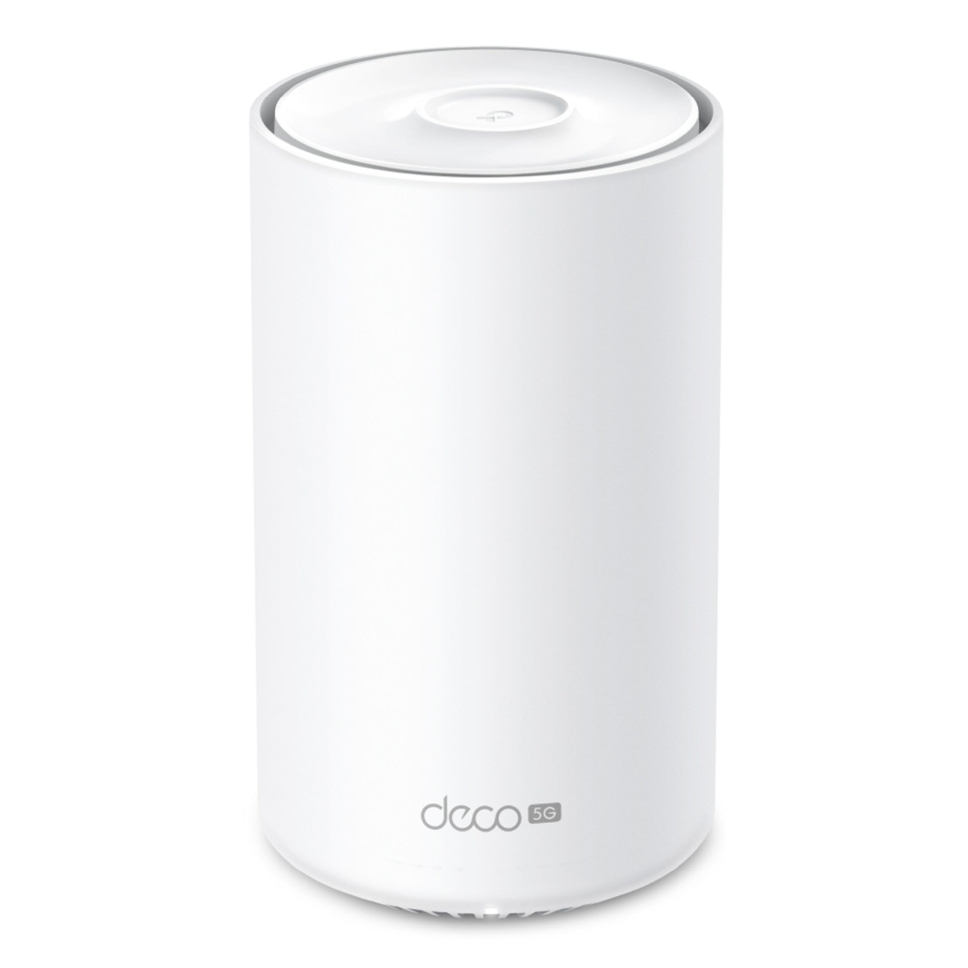 Deco X10-5G AX1500 mesh-router, hvid cylinder med power-knap på toppen og "deco 5G"-logo ved basen.