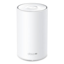 Deco X10-5G AX1500 mesh-router, hvid cylinder med power-knap på toppen og "deco 5G"-logo ved basen.