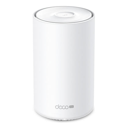 Deco X10-5G AX1500 mesh-router, hvid cylinder med power-knap på toppen og "deco 5G"-logo ved basen.