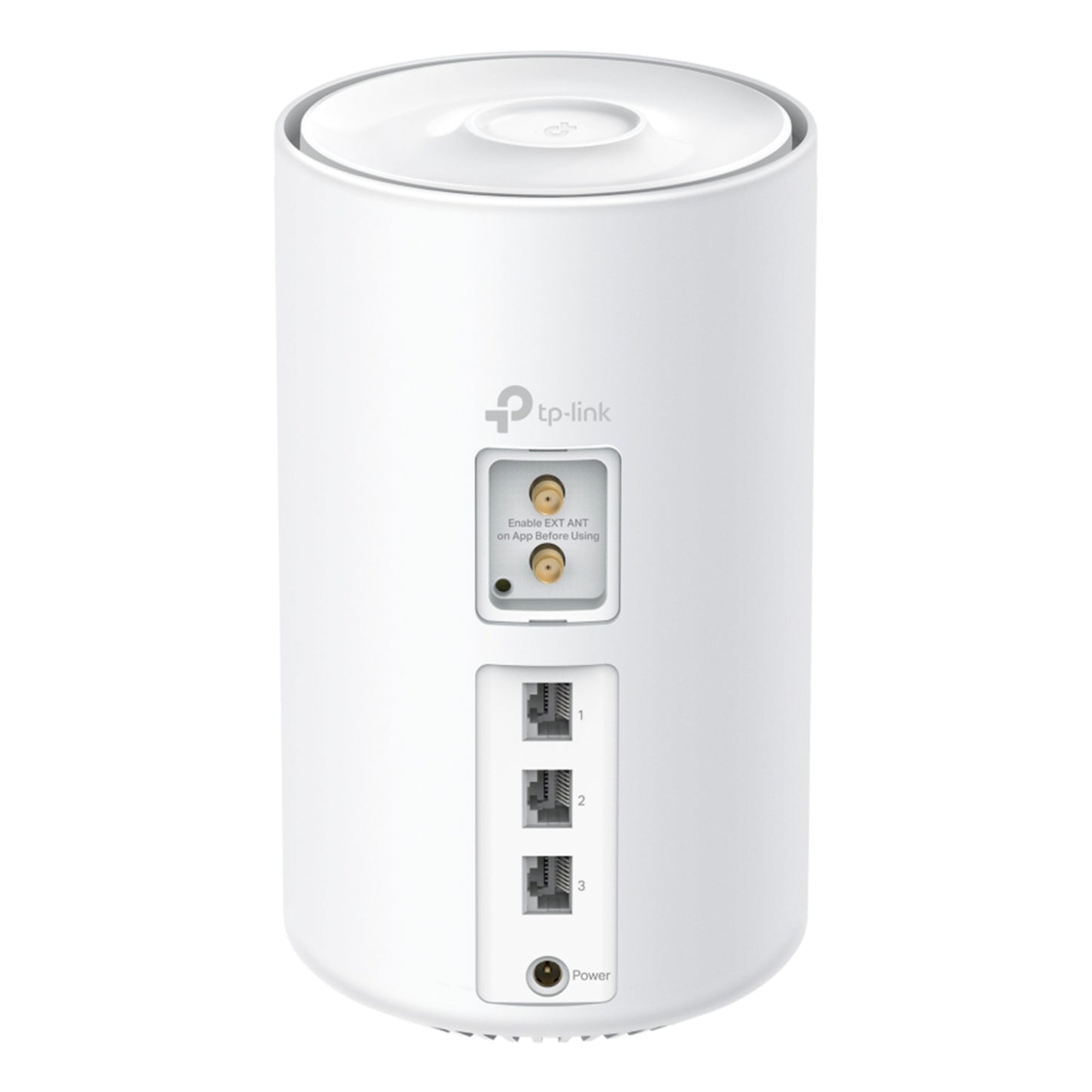 TP-Link Deco X10-5G AX1500 mesh-router hvid cylinder, coax-stik, 3 Ethernet-porte, strømstik bagpå, TP-Link logo over porte.