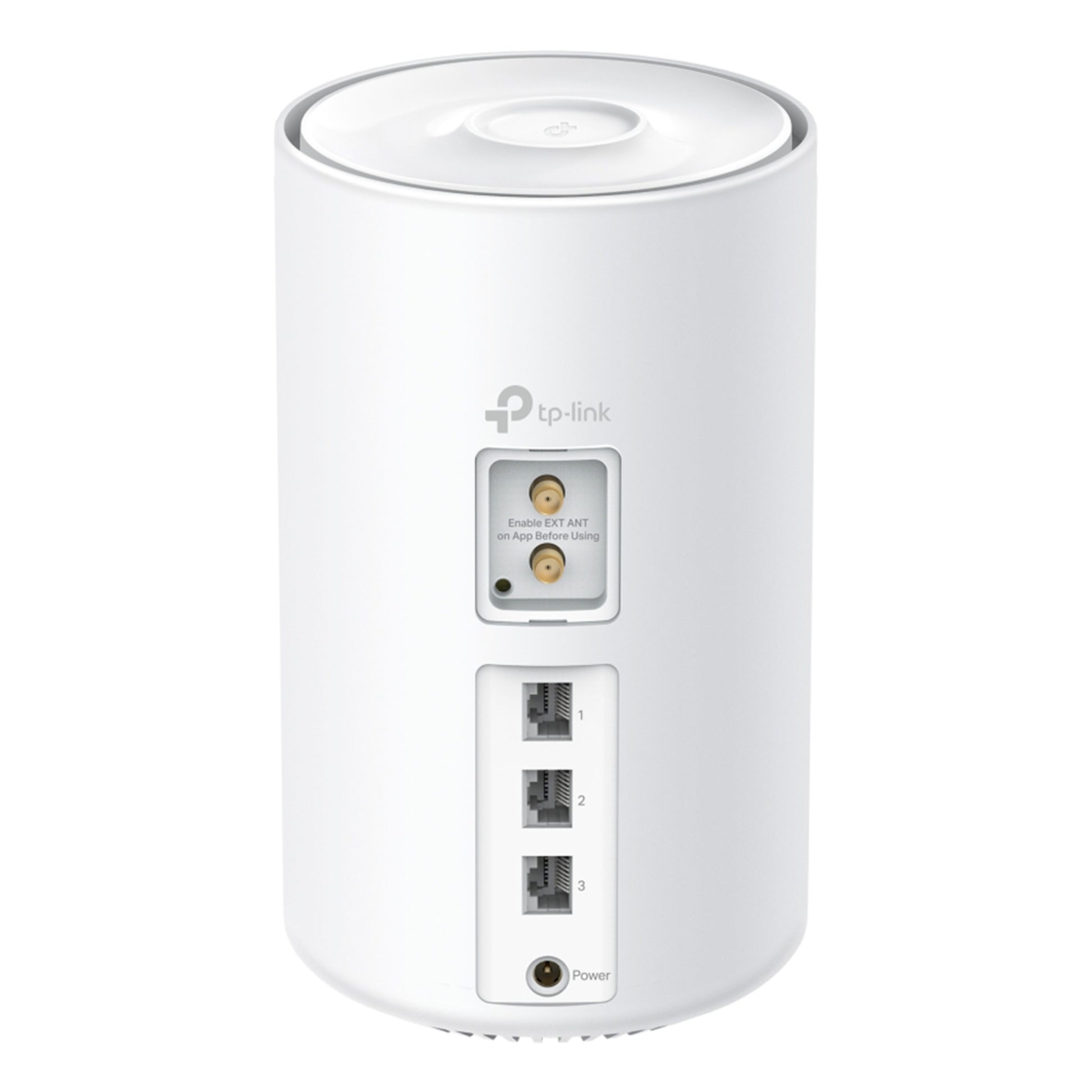 TP-Link Deco X10-5G AX1500 mesh-router hvid cylinder, coax-stik, 3 Ethernet-porte, strømstik bagpå, TP-Link logo over porte.
