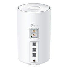 TP-Link Deco X10-5G AX1500 mesh-router hvid cylinder, coax-stik, 3 Ethernet-porte, strømstik bagpå, TP-Link logo over porte.
