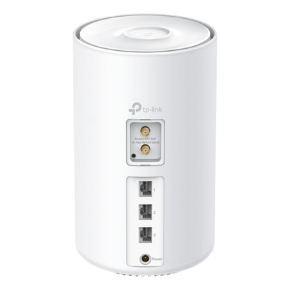TP-Link Deco X10-5G AX1500 mesh-router hvid cylinder, coax-stik, 3 Ethernet-porte, strømstik bagpå, TP-Link logo over porte.