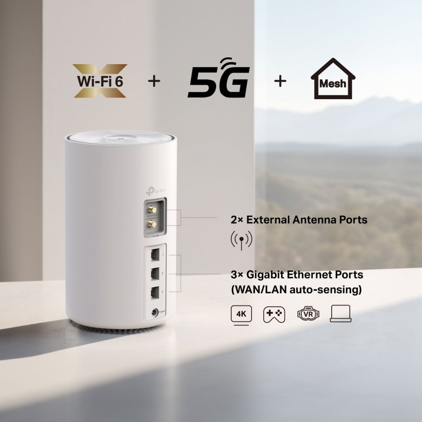 TP-Link Deco X10-5G AX1500 mesh-router med 5G, to eksterne antenneporte, tre gigabit Ethernet-porte.