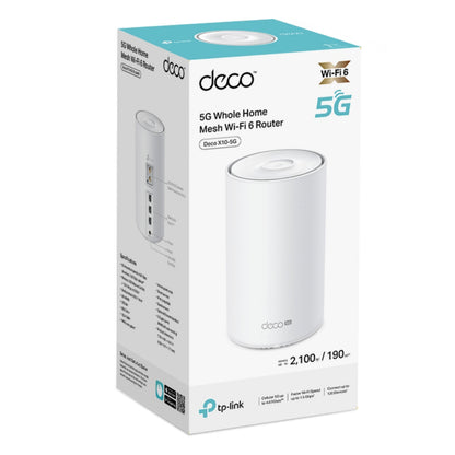 TP-Link Deco X10-5G AX1500 mesh-router 1-pak æske med TP-Link logo, info og specs i blå, hvid og grå.