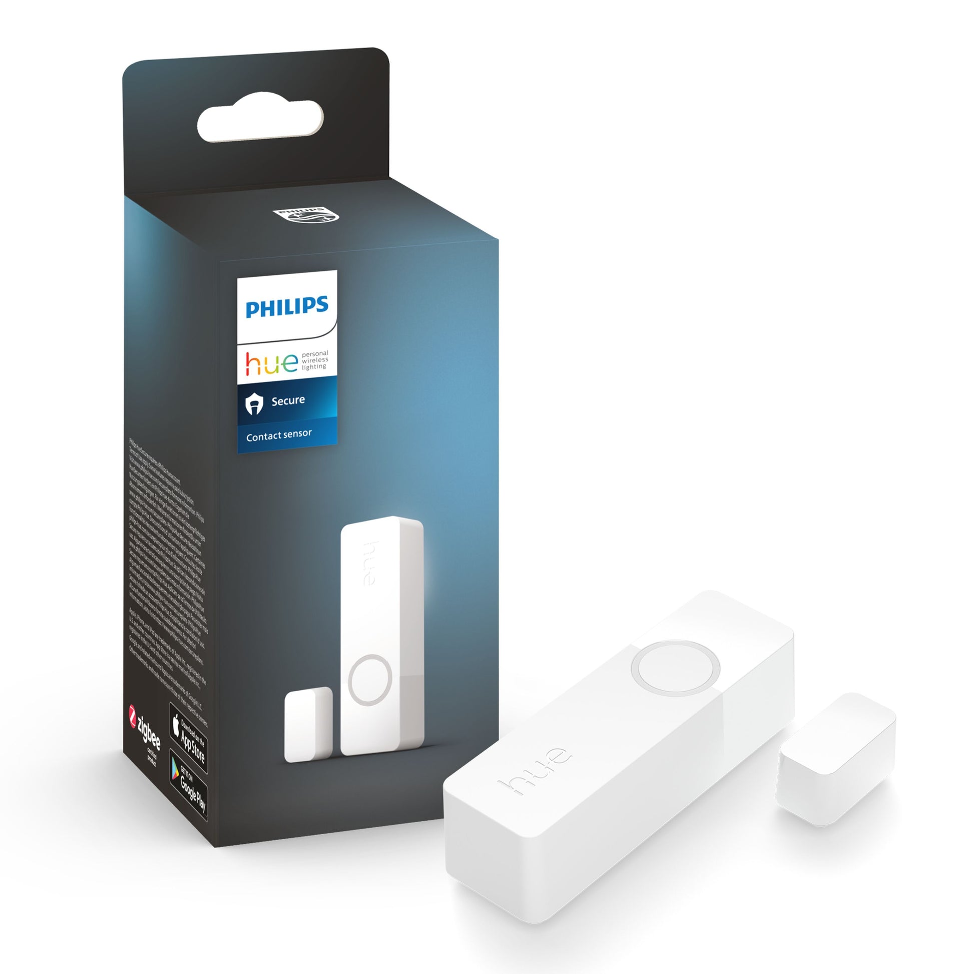 Philips Hue Sikker kontakt sensor 1-pak, hvid, to dele med "hue" logo ved siden af æske med produktbillede og info.