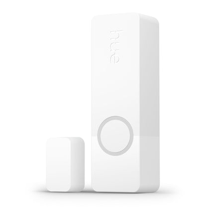 Philips Hue Sikker kontakt sensor Hvid 1-pak og Philips Hue Bridge, begge hvide, større enhed med hue-logo og cirkel-design.