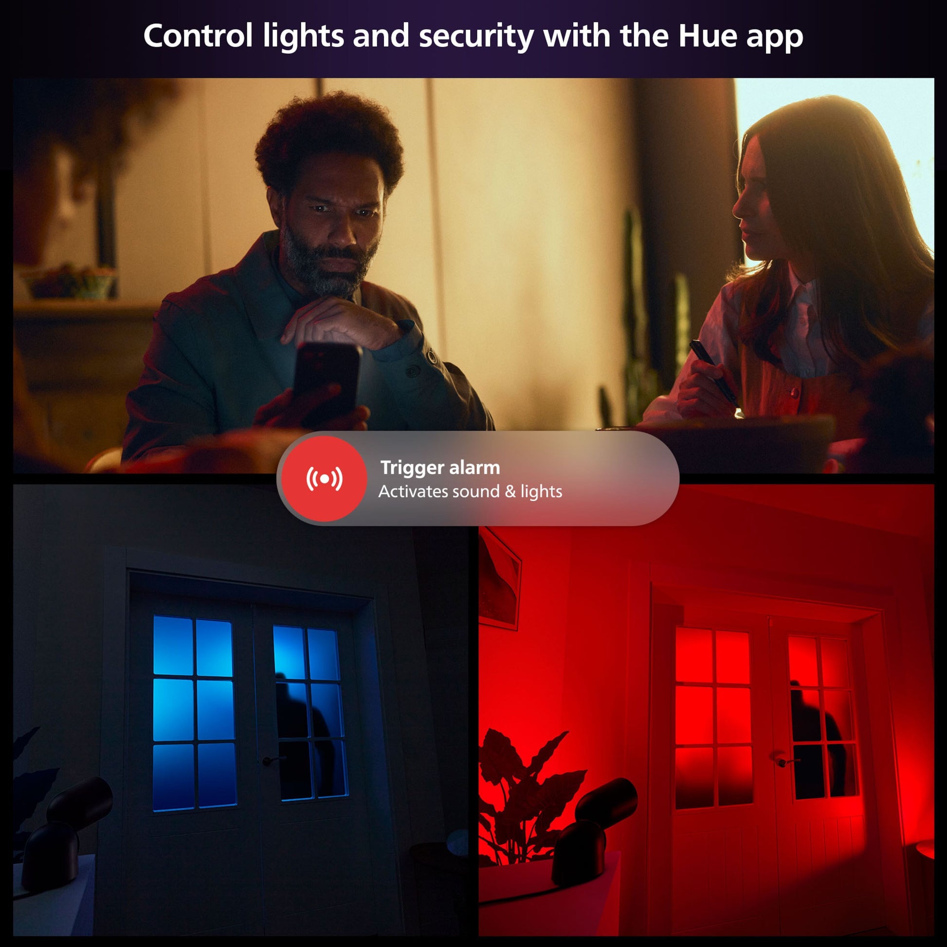 Philips Hue Sikker kontakt sensor Hvid 1-pak vises med alarmaktivering og lysstyring via Hue app, blå og rød dørstatus.