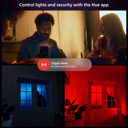 Philips Hue Sikker kontakt sensor Hvid 1-pak vises med alarmaktivering og lysstyring via Hue app, blå og rød dørstatus.