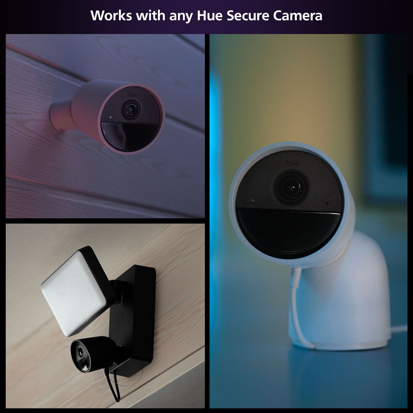 Tre Philips Hue Secure-kameraer inde og ude med teksten "Works with any Hue Secure Camera" samt Hue Sikker kontakt sensor hvid.